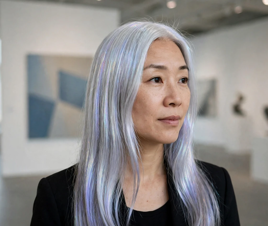 Woman with holographic silver sleek straight hair in a modern art gallery