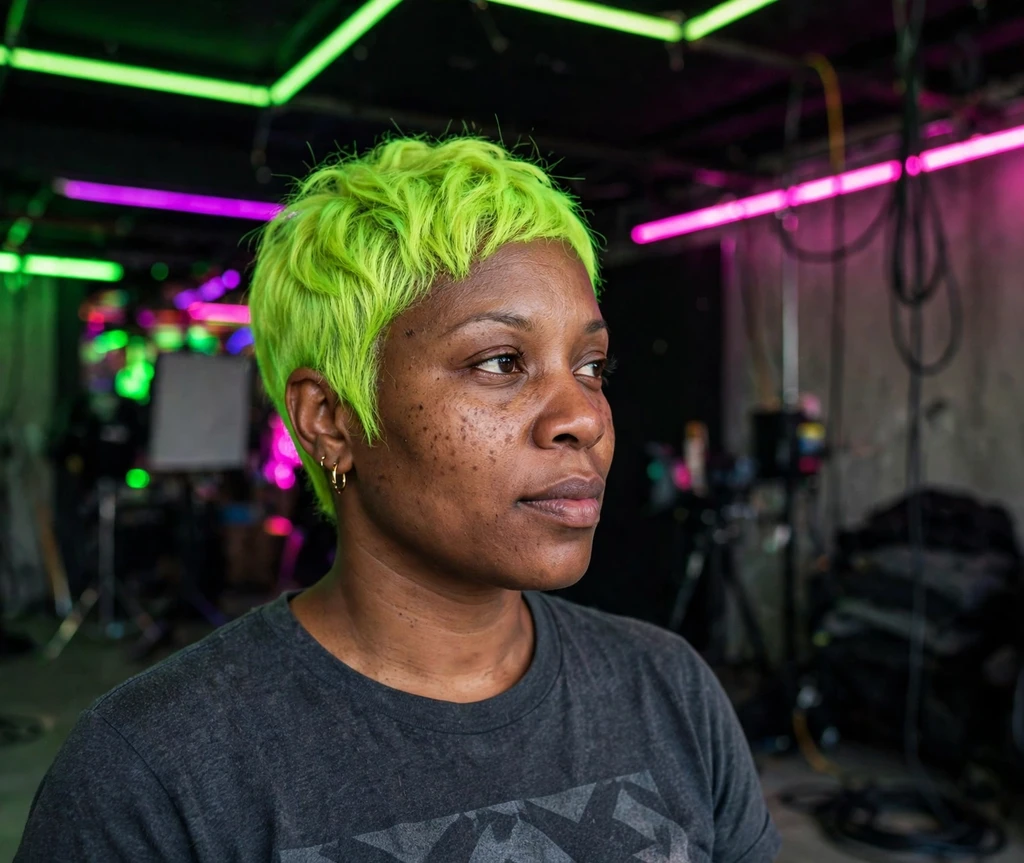 Woman with a neon green pixie cut in a neon-lit studio