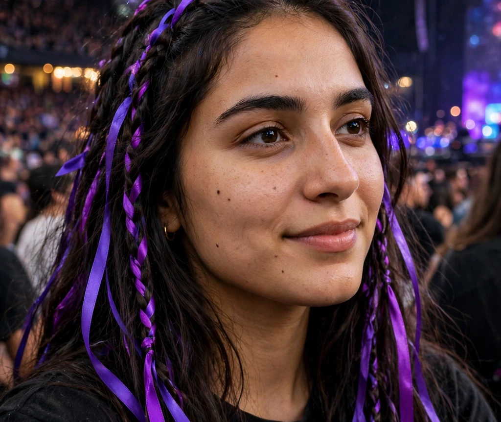 Woman with dark hair and violet storm highlights at a concert venue