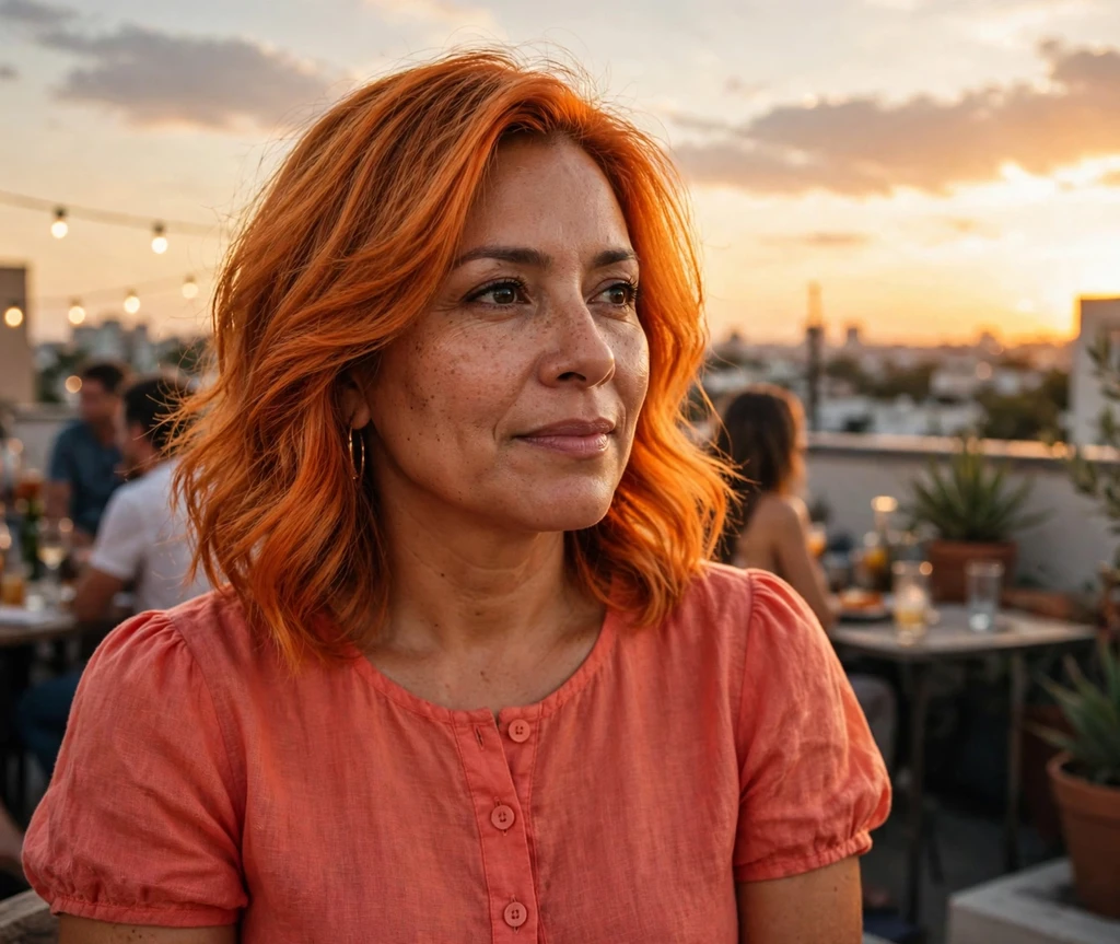 Woman with tangerine orange layered lob at a rooftop party