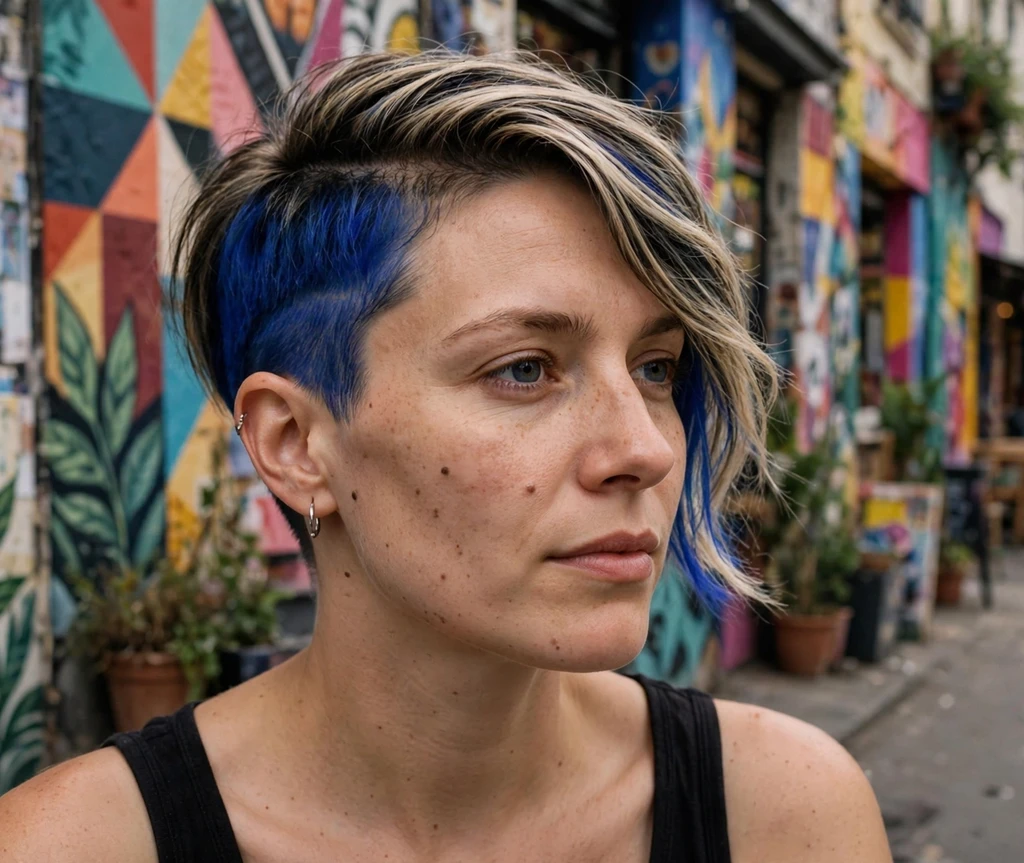 Woman with a royal blue undercut hairstyle in an art district