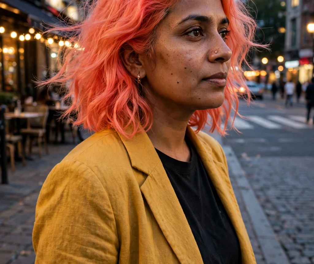 Woman with flaming coral lob haircut on a city street at dusk