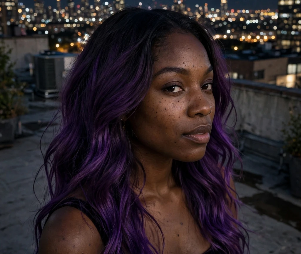 Woman with midnight purple melt long wavy hair on a rooftop at night