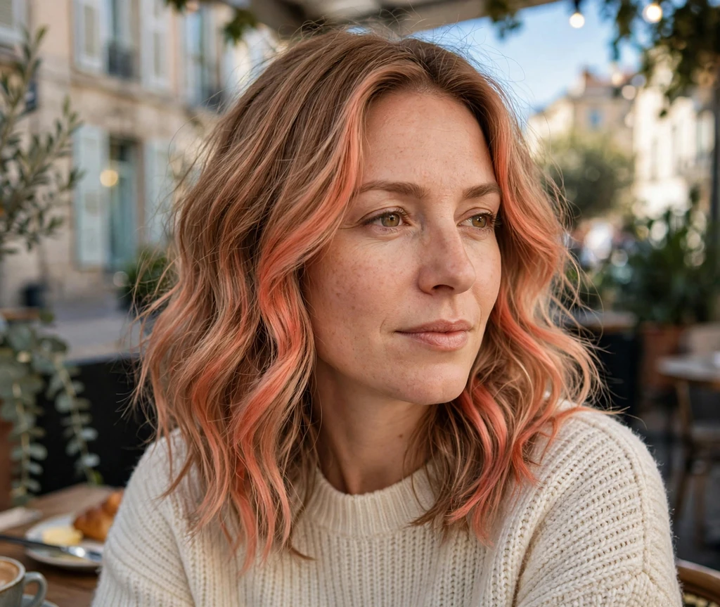 Woman with peachy coral balayage soft waves on a cafe terrace