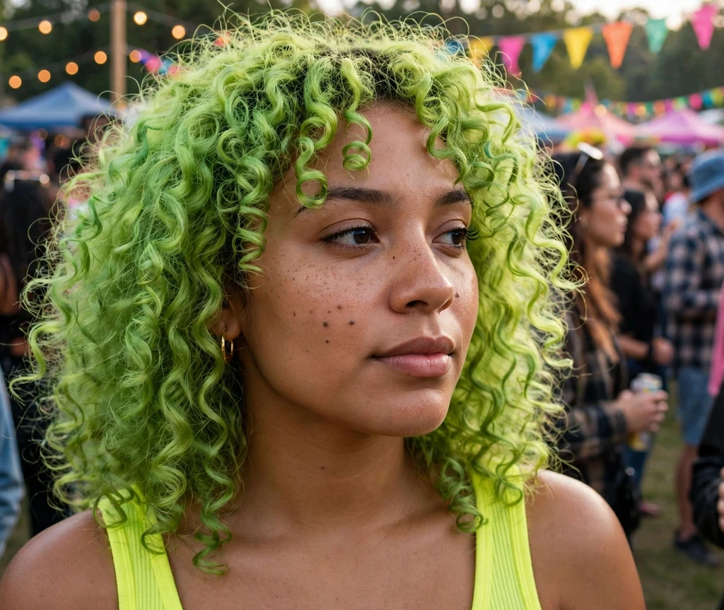 Woman with lime green tight curls at a music festival