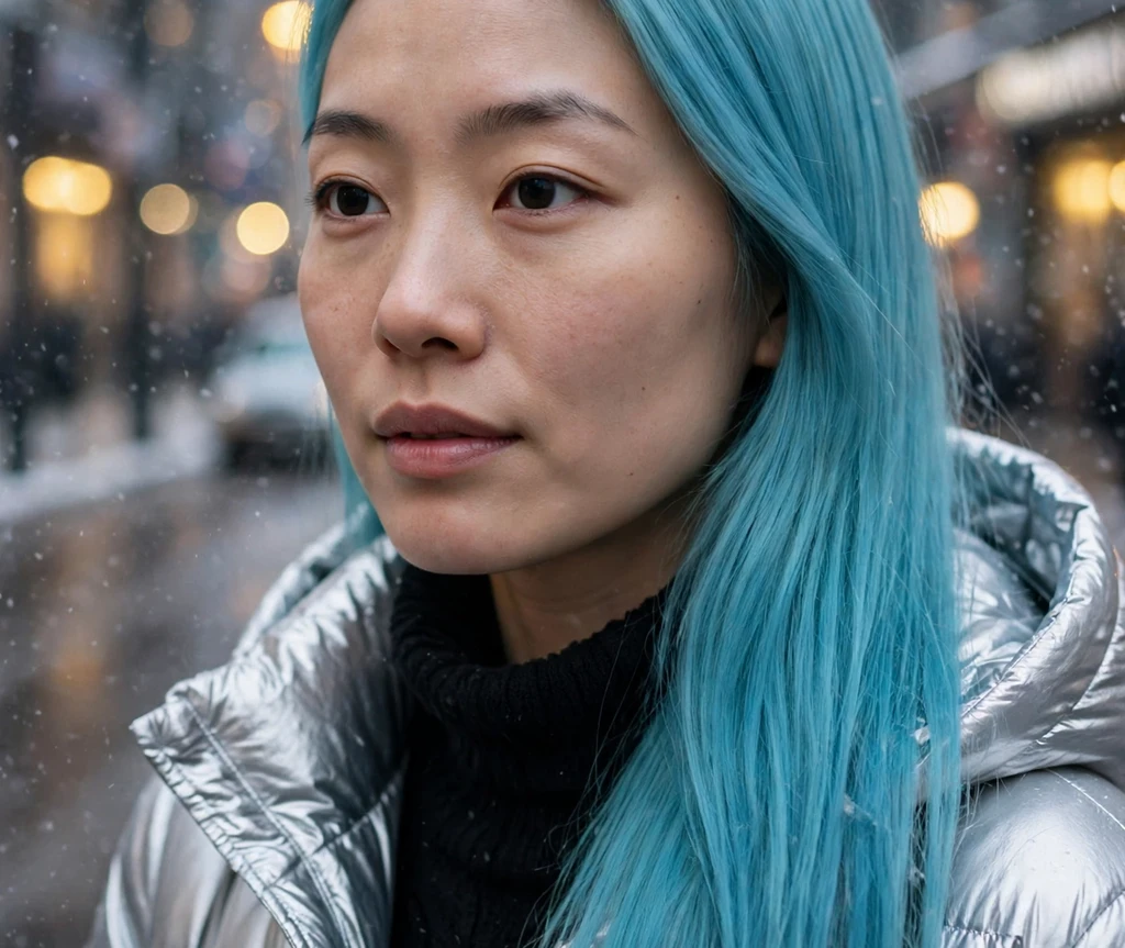 Woman with icy cyan pin-straight long hair on a winter city street