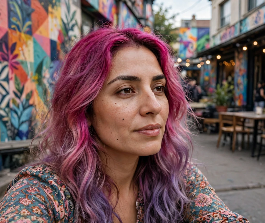 Woman with magenta rooted waves in an art district