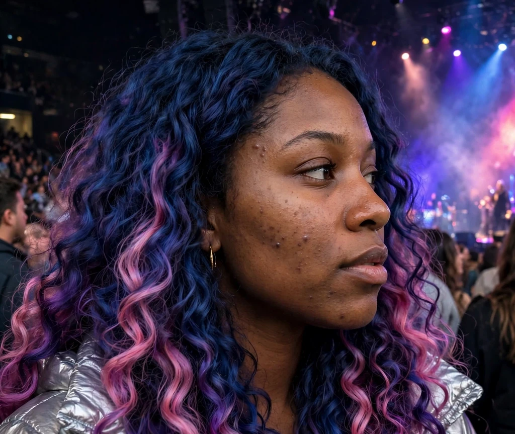 Woman with galactic nebula mix of blue purple and pink hair at a concert