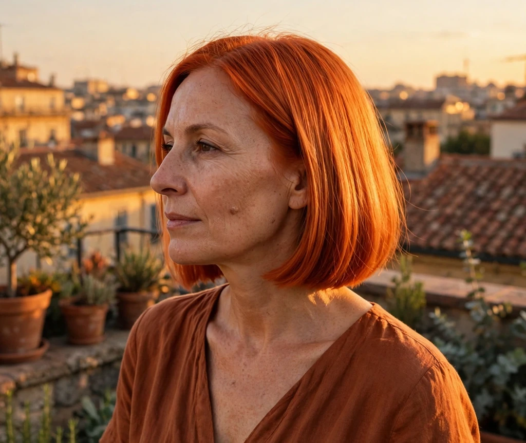 Woman with vivid copper orange bob on a rooftop at golden hour