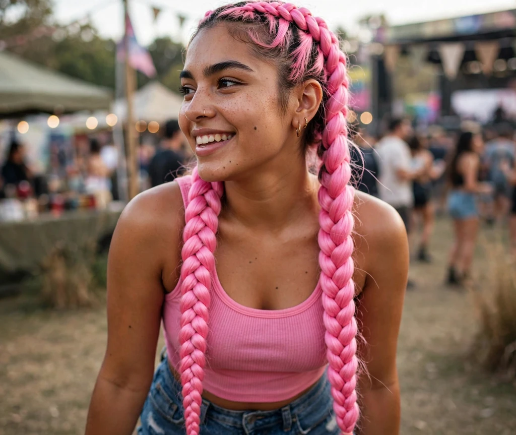 Woman with long barbie pink braids at a music festival