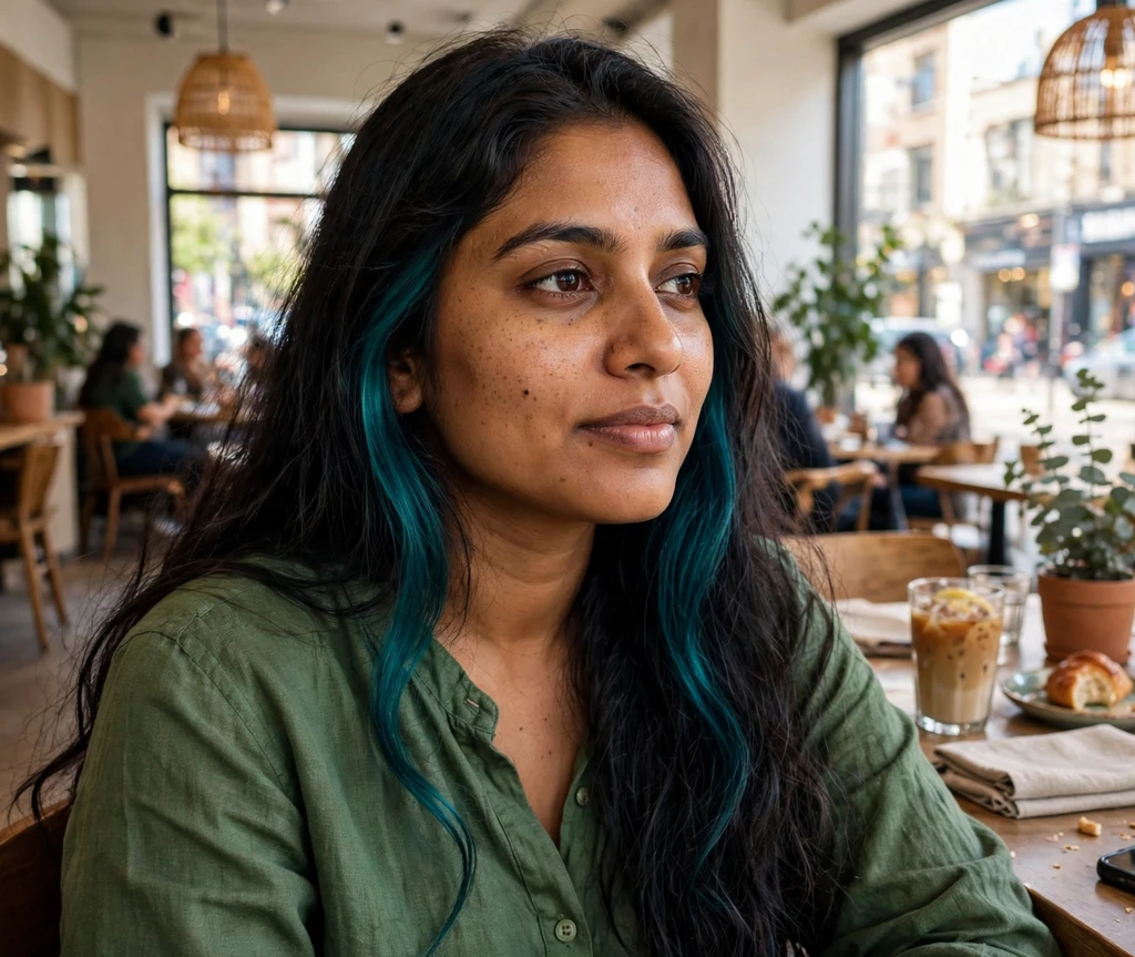 Woman with dark hair and deep teal money piece highlights in a city cafe