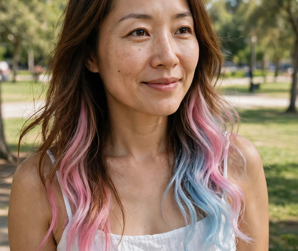 Woman with brown hair and cotton candy pink and blue ombre tips in a park