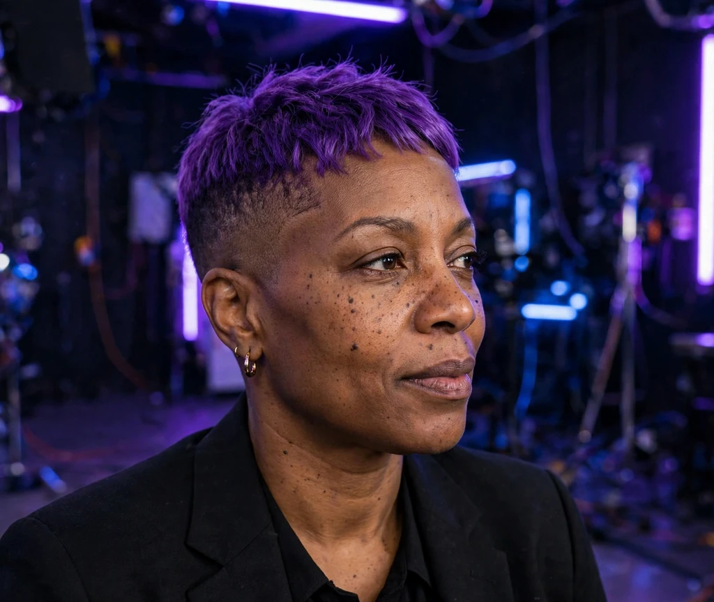Woman with ultraviolet purple pixie fade haircut in a neon-lit studio