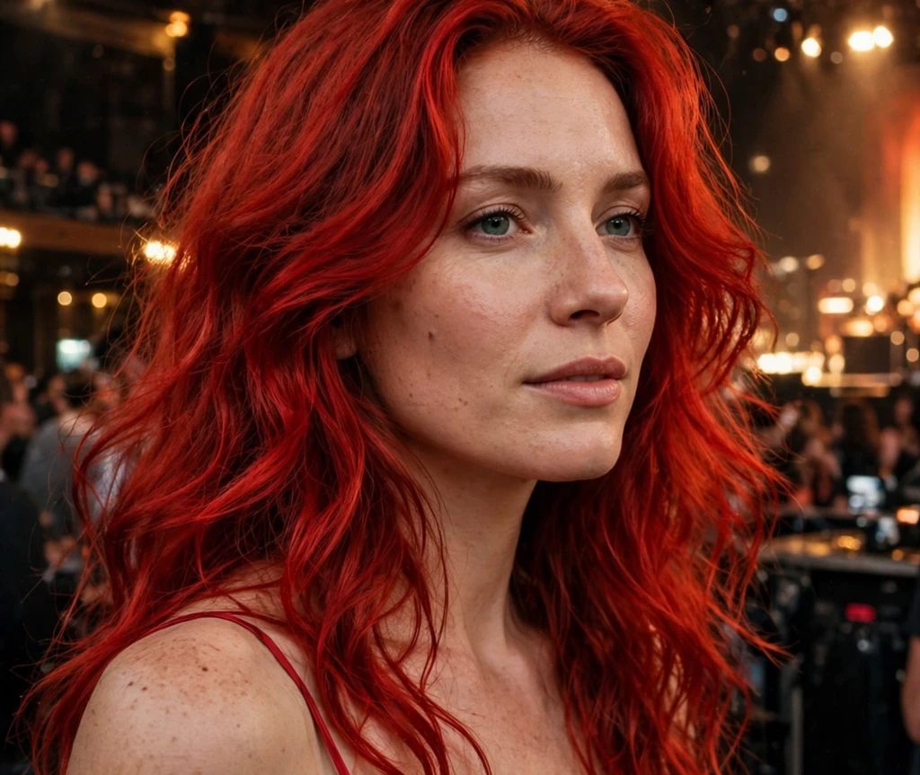 Woman with scarlet red long layers at a concert venue