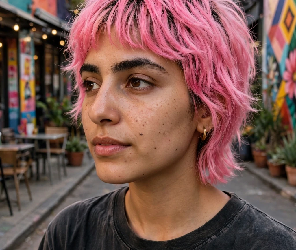 Woman with bubblegum pink shag haircut in an art district