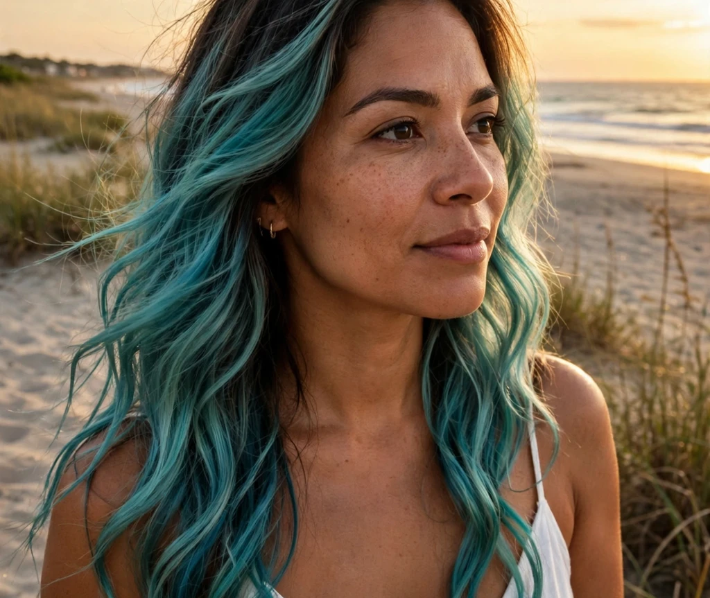 Woman with ocean blue green balayage waves on a beach