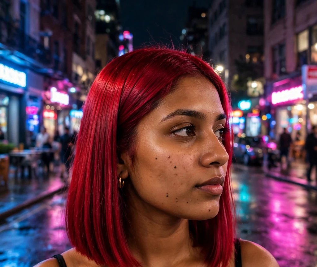 Woman with cherry bomb red sleek bob under city night lights