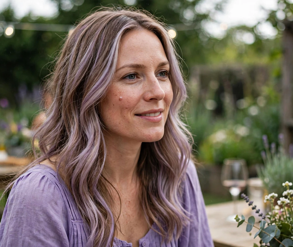 Woman with lilac haze balayage at a garden party