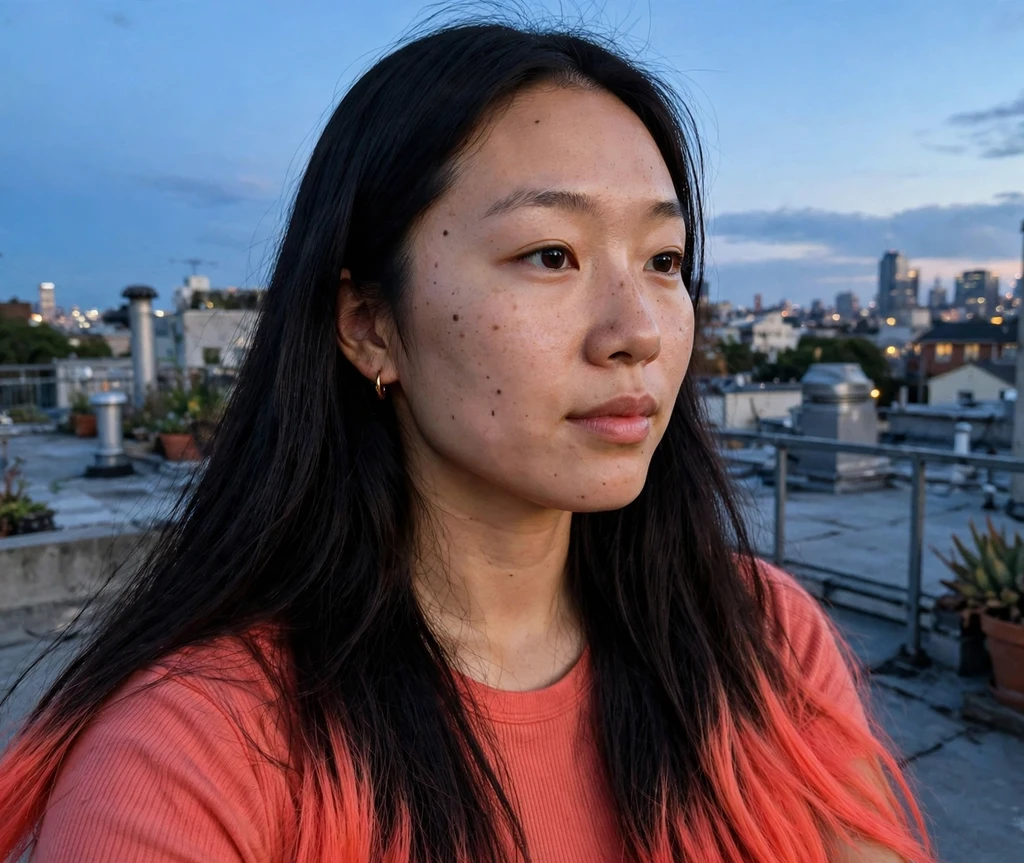 Woman with dark long hair and electric coral tipped ends on a rooftop at dusk