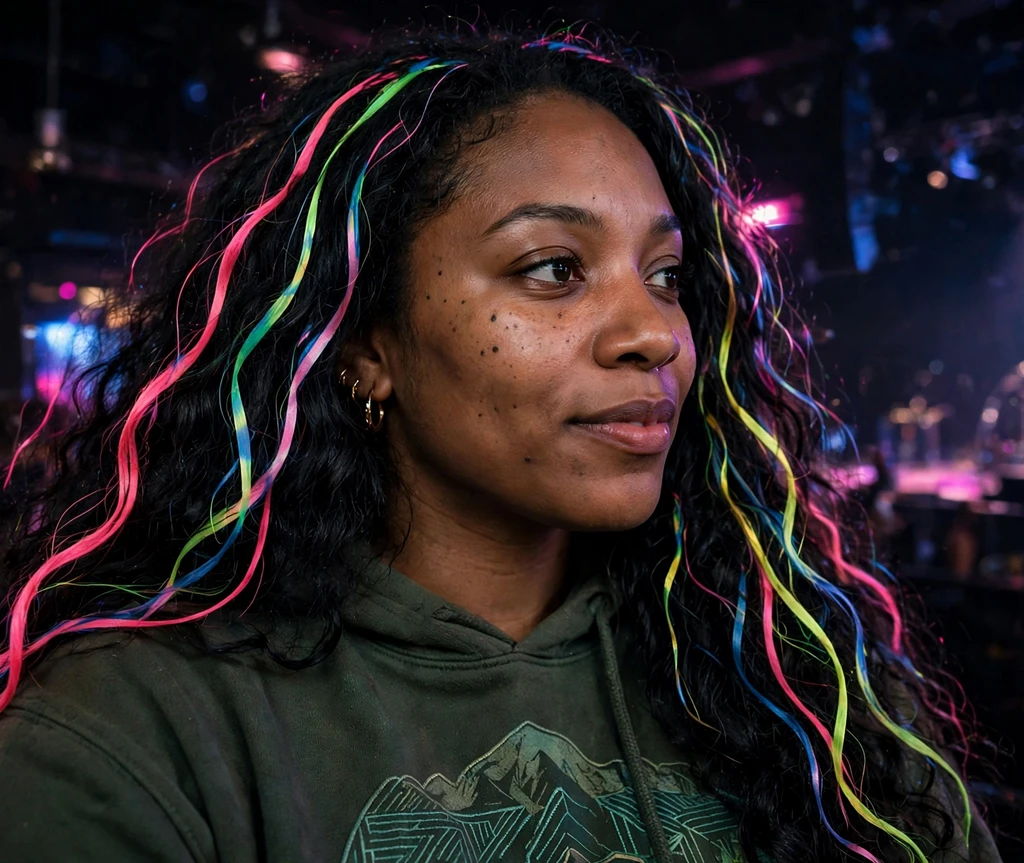 Woman with black hair and neon rainbow streaks at a concert venue