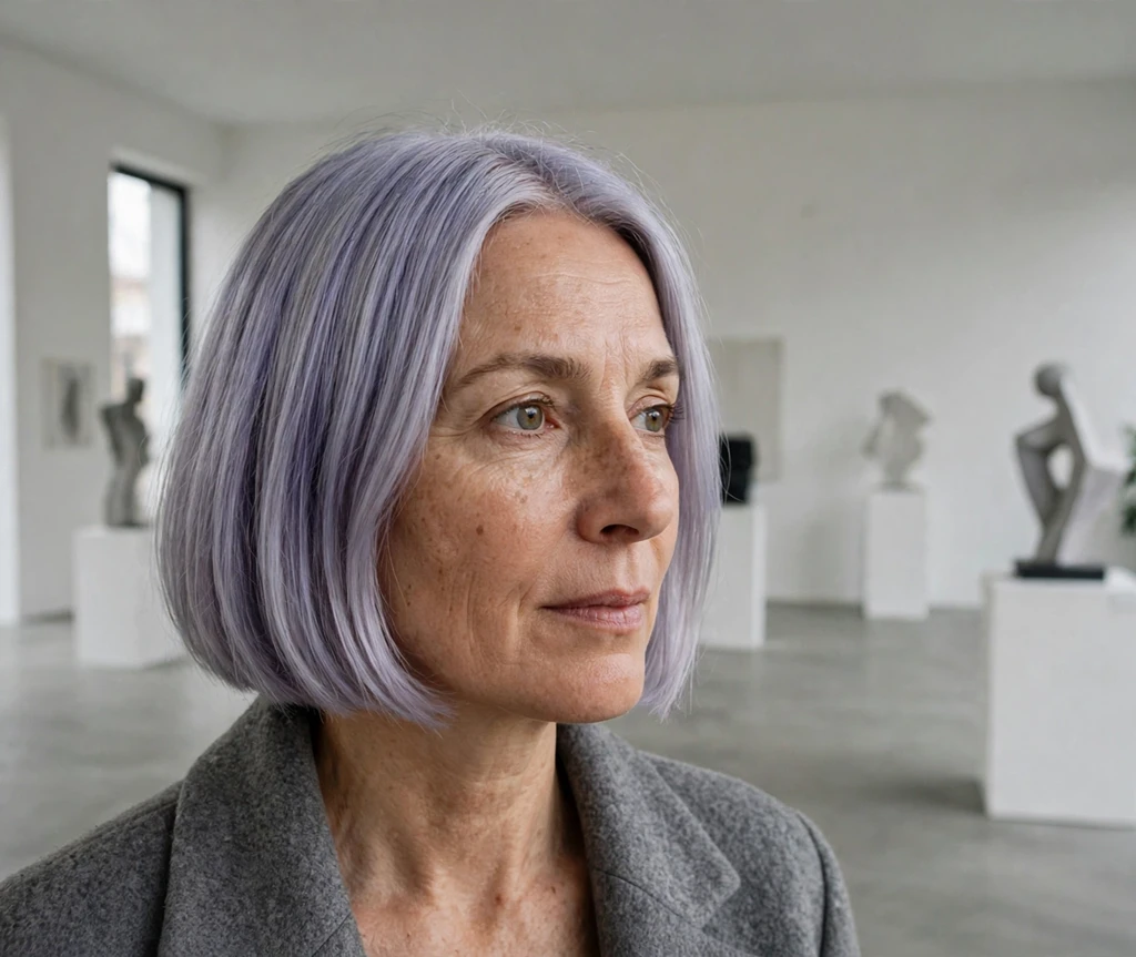Woman with frosty lavender blunt bob in an art gallery