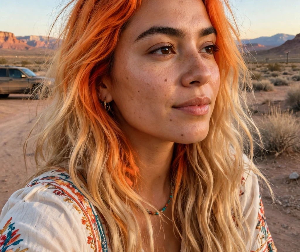 Woman with tangerine melted roots fading into blonde hair outdoors