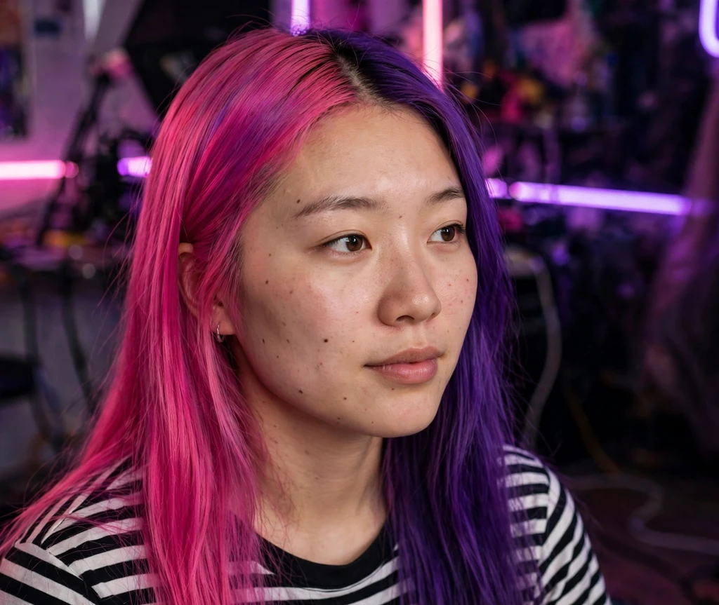 Woman with half pink half purple split dye straight hair in a neon-lit studio