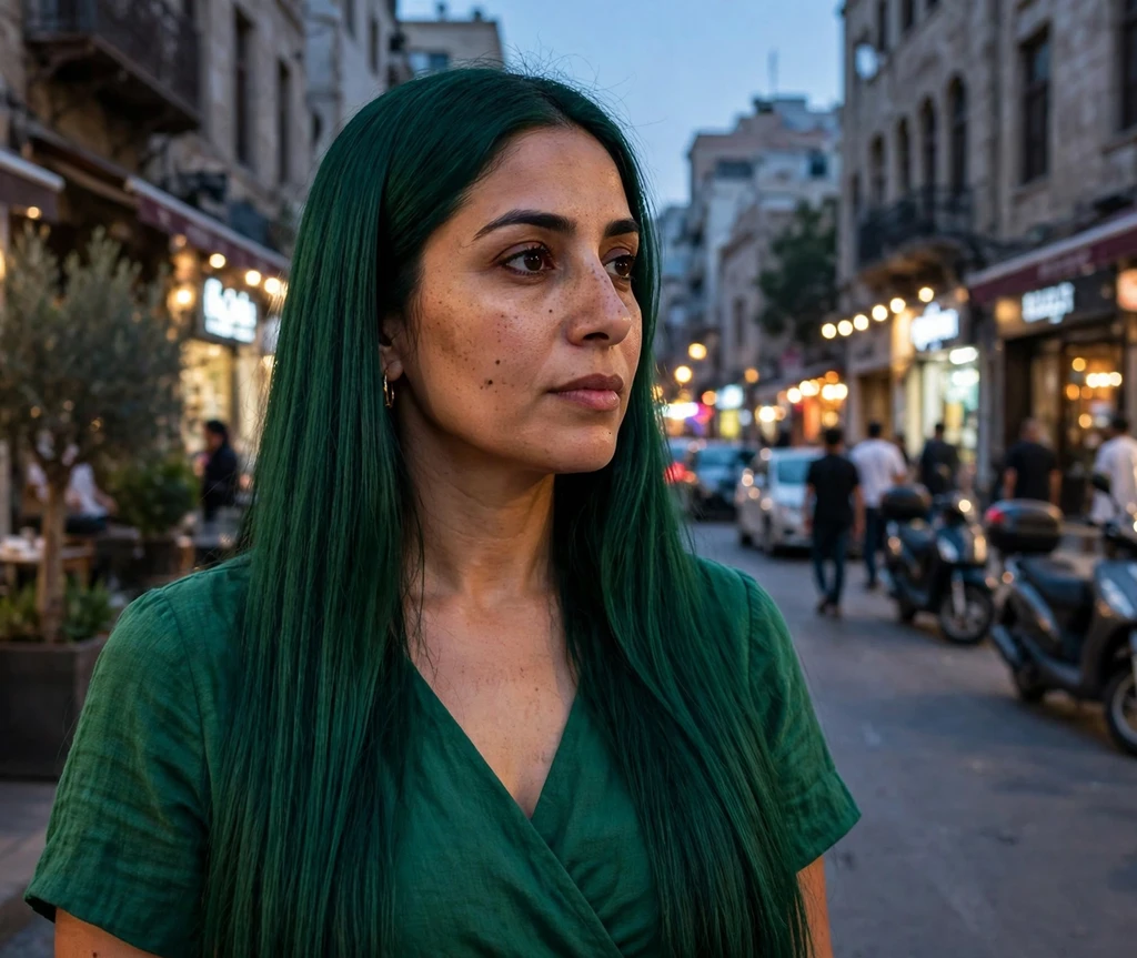 Woman with emerald green sleek long hair on a city street at dusk