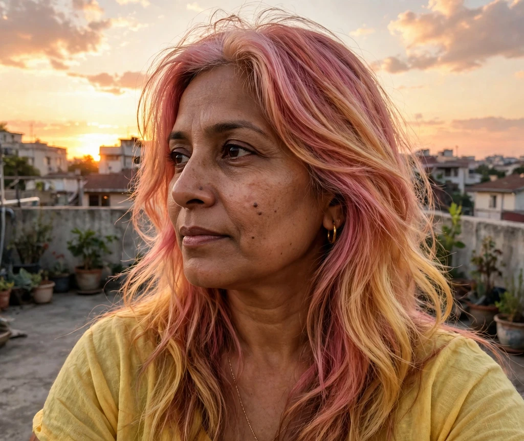 Woman with sunset sorbet pink orange yellow layered hair on a rooftop at sunset