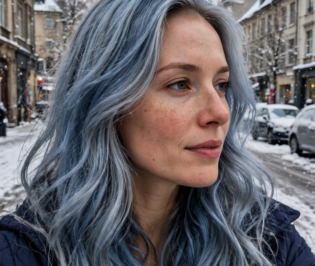 Woman with steel blue silver blend long waves on a winter street