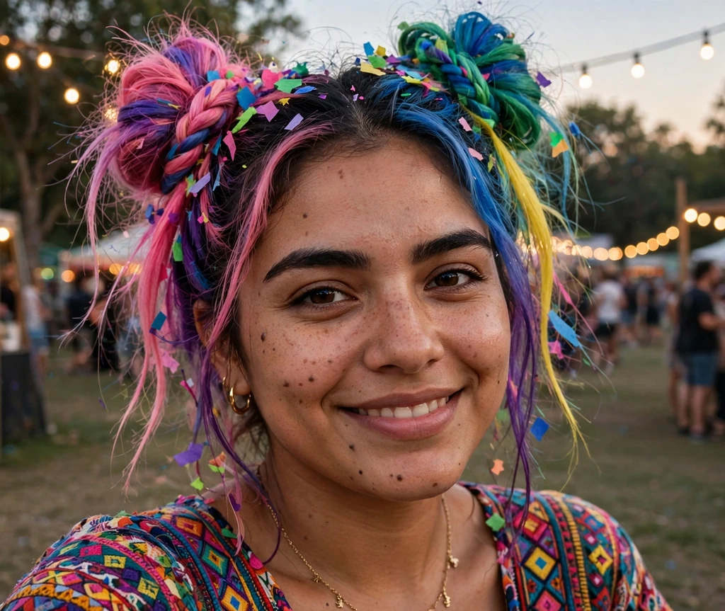 Woman with multi-color confetti party hair in space buns at a festival