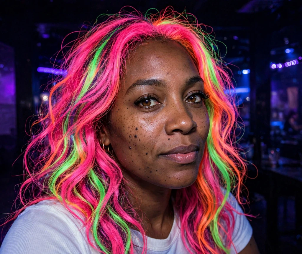 Woman with neon hair glowing under blacklight in a nightclub