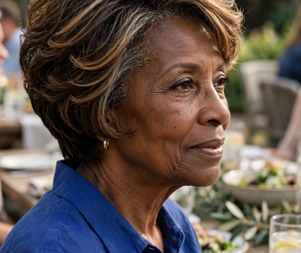 Black woman in her late sixties with a crown-lifted layered bob with caramel highlights at an outdoor luncheon
