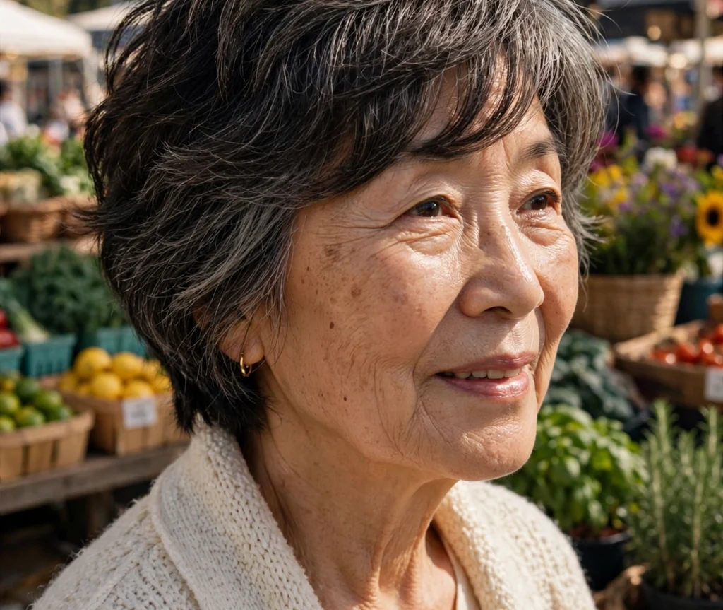 East Asian woman in her late sixties with a textured stacked bob and side-swept fringe at a farmers market