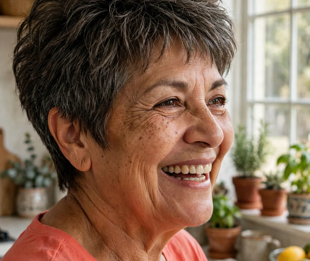 Latina woman in her early sixties with a soft feathered pixie with height at the crown by a kitchen window