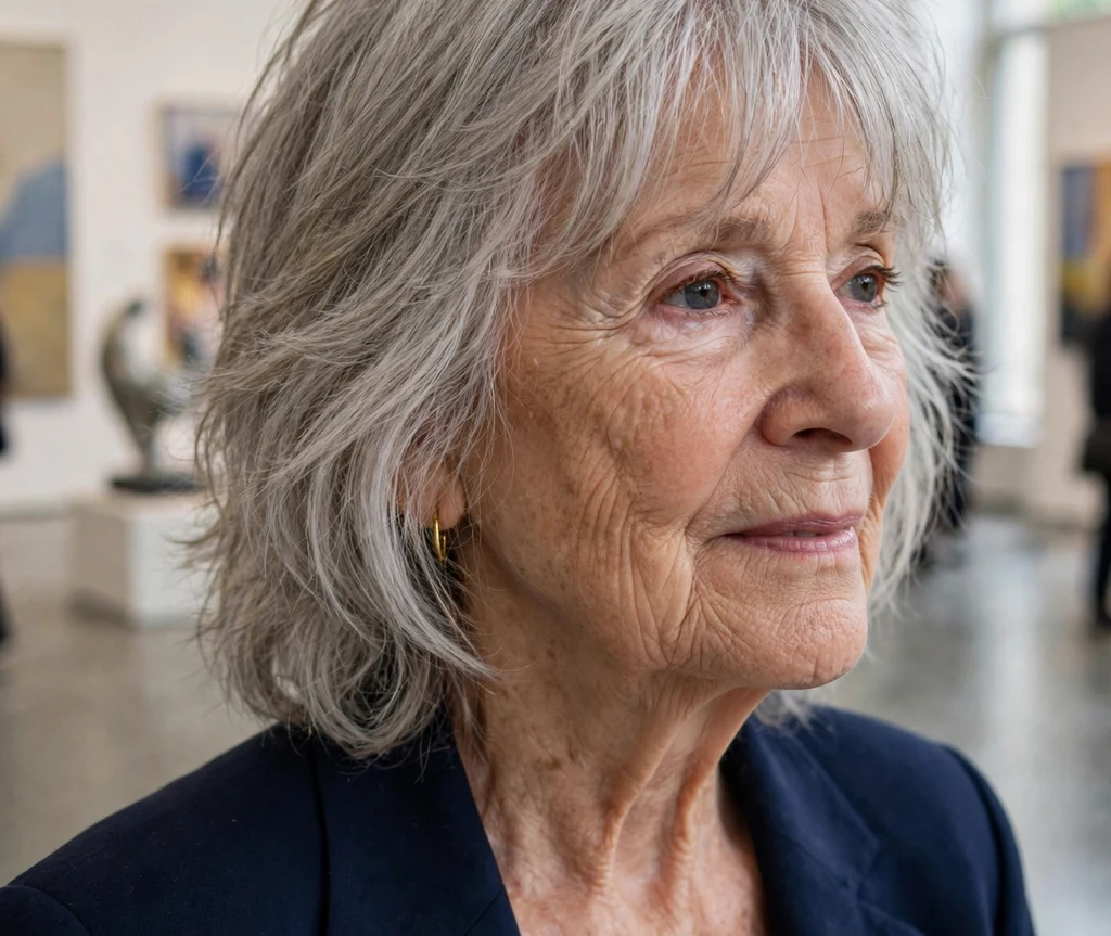 White woman around seventy with an airy shaggy lob with curtain fringe in an art museum