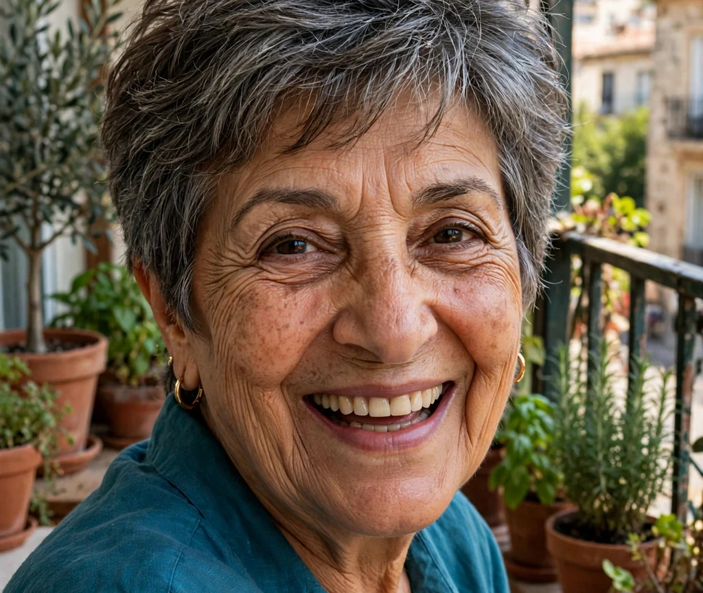 Middle Eastern woman in her mid sixties with a wispy layered pixie with volume at the top on a sunny balcony