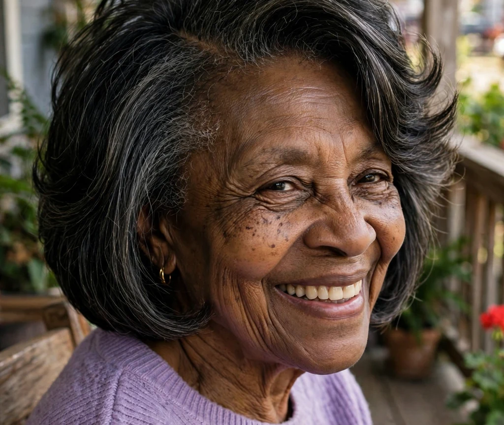 Black woman in her late sixties with a lifted side-part bob with flipped layers on a wooden porch