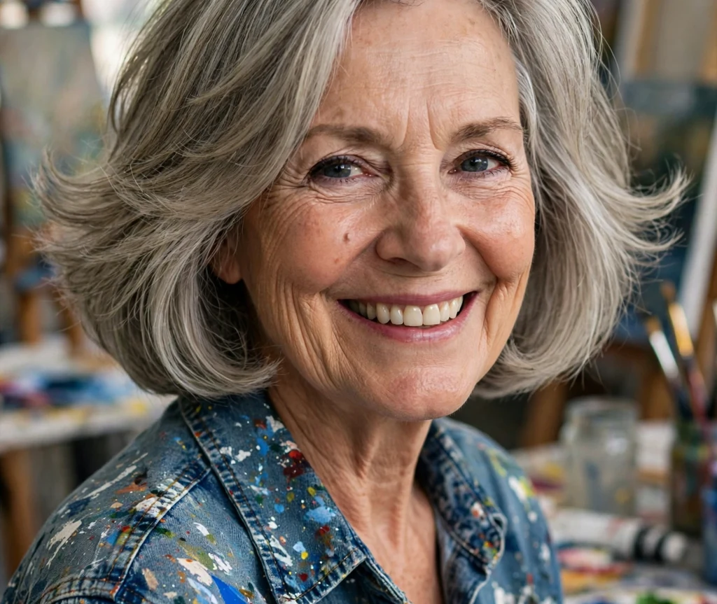 White woman in her late sixties with a flipped-out graduated bob with layered ends in a painting art class