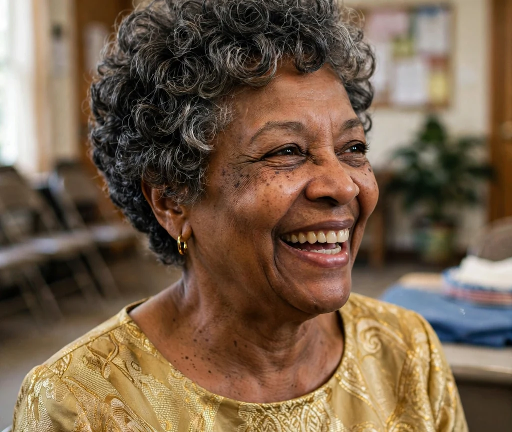 Black woman in her early sixties with a root-boosted curly pixie with lifted curls in a church fellowship hall