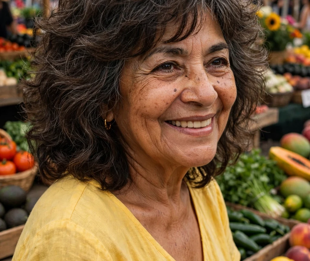 Latina woman in her mid sixties with a full-crown mid-length shag with bouncy layers at a farmers market