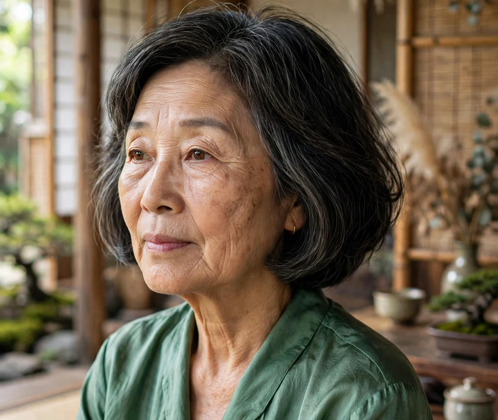 East Asian woman in her early sixties with a blunt bob with hidden interior layers in a tea house
