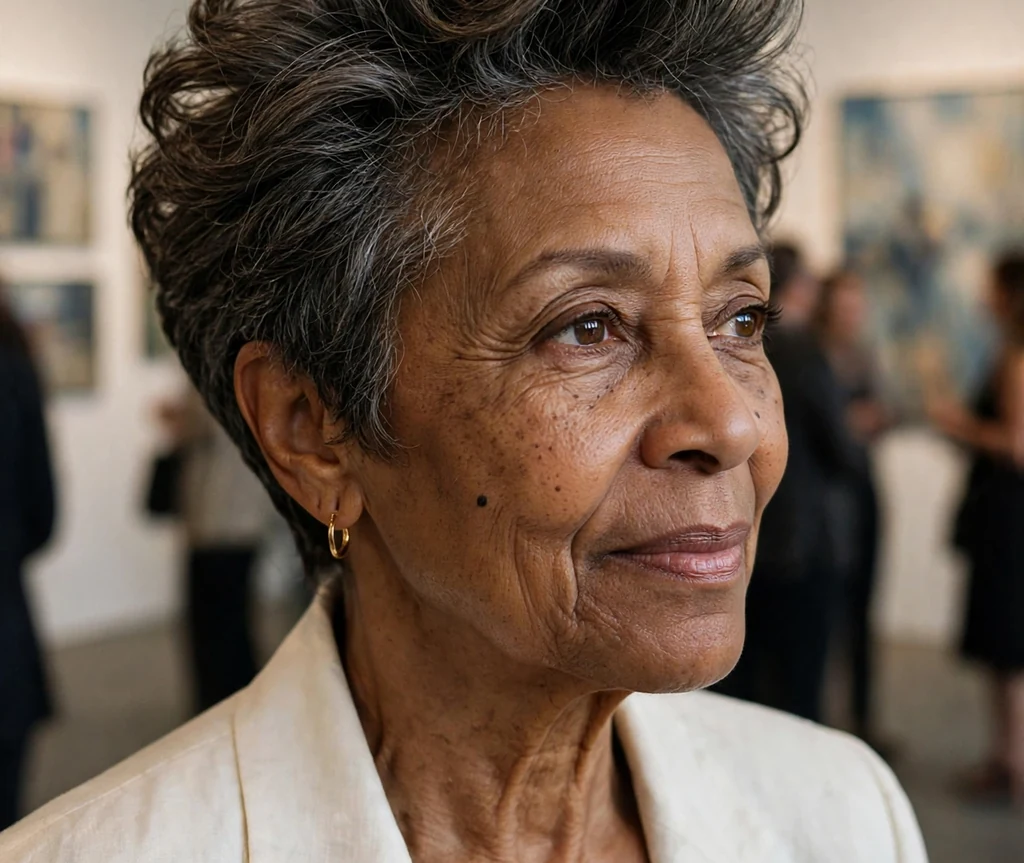 Black woman in her early sixties with a swept-up voluminous pixie at an art gallery opening