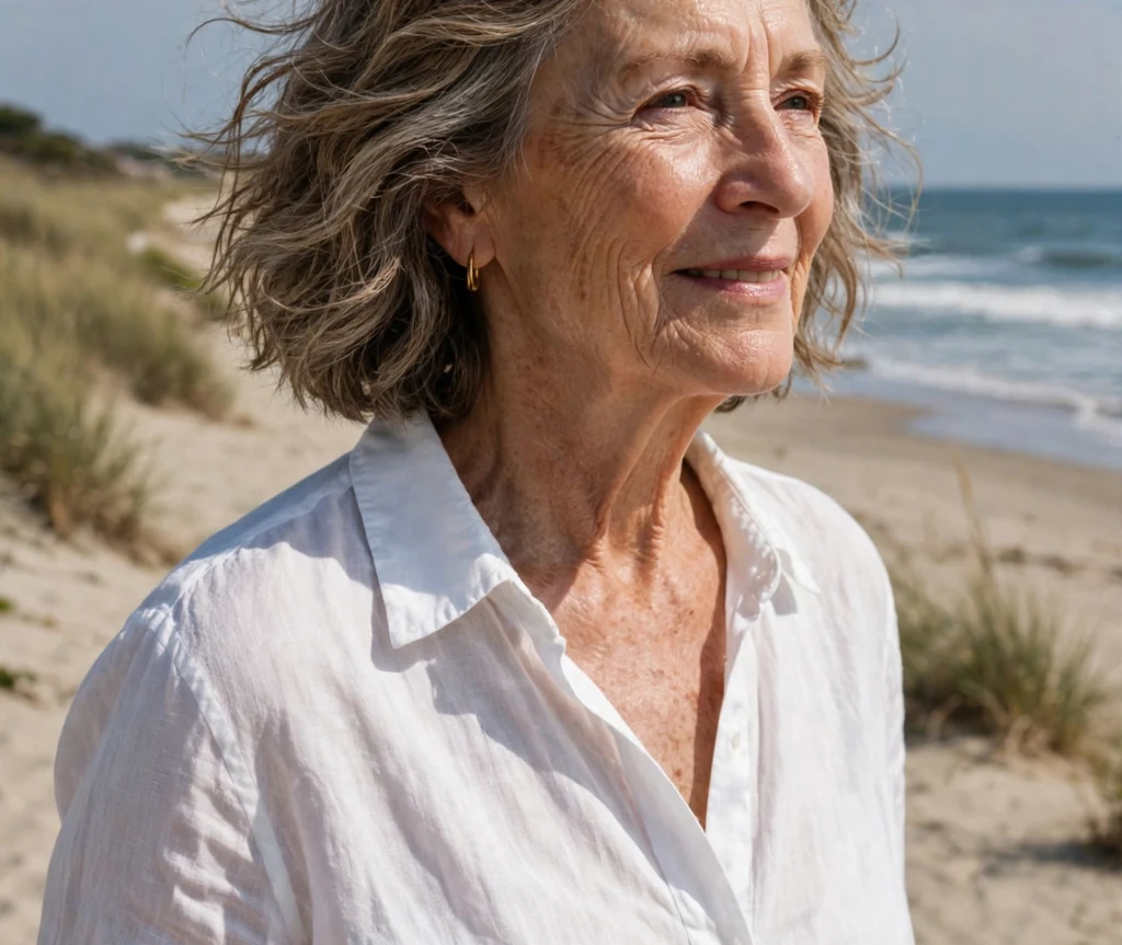 White woman in her late sixties with a wavy chin-length bob on a sunny beach