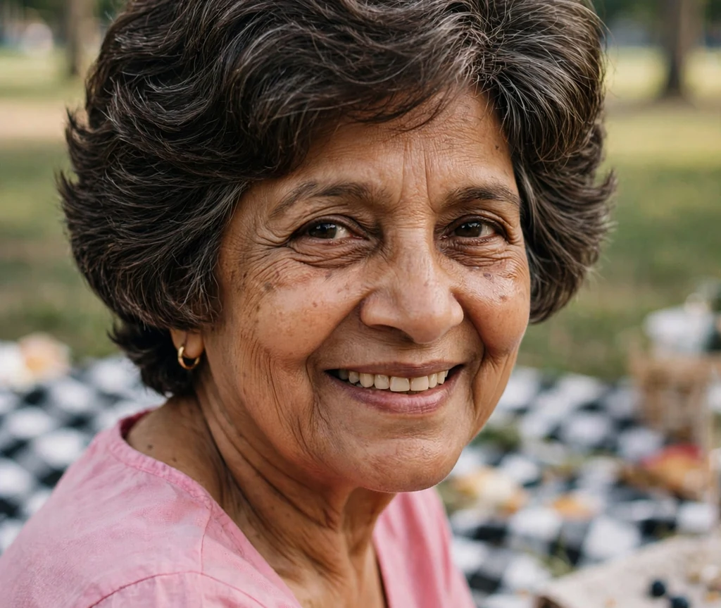 South Asian woman in her early sixties with a layered bowl cut with rounded volume at a park picnic
