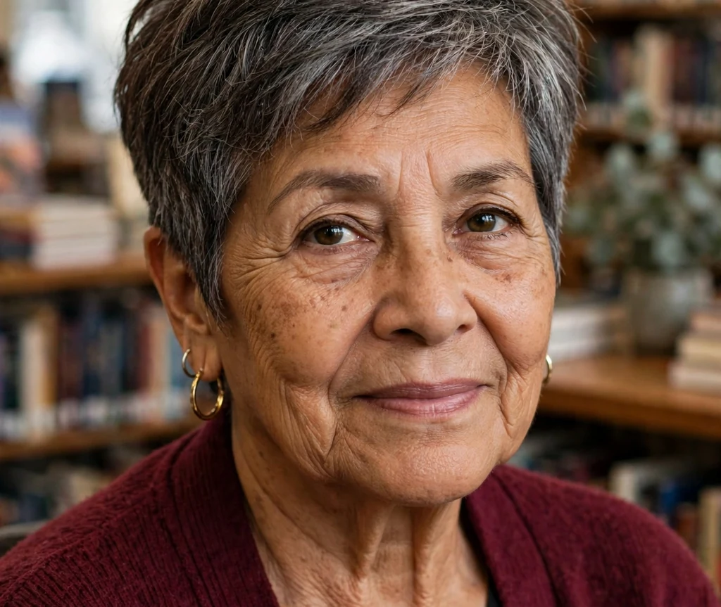 Latina woman around seventy with a tousled tapered pixie with volume on top in a library