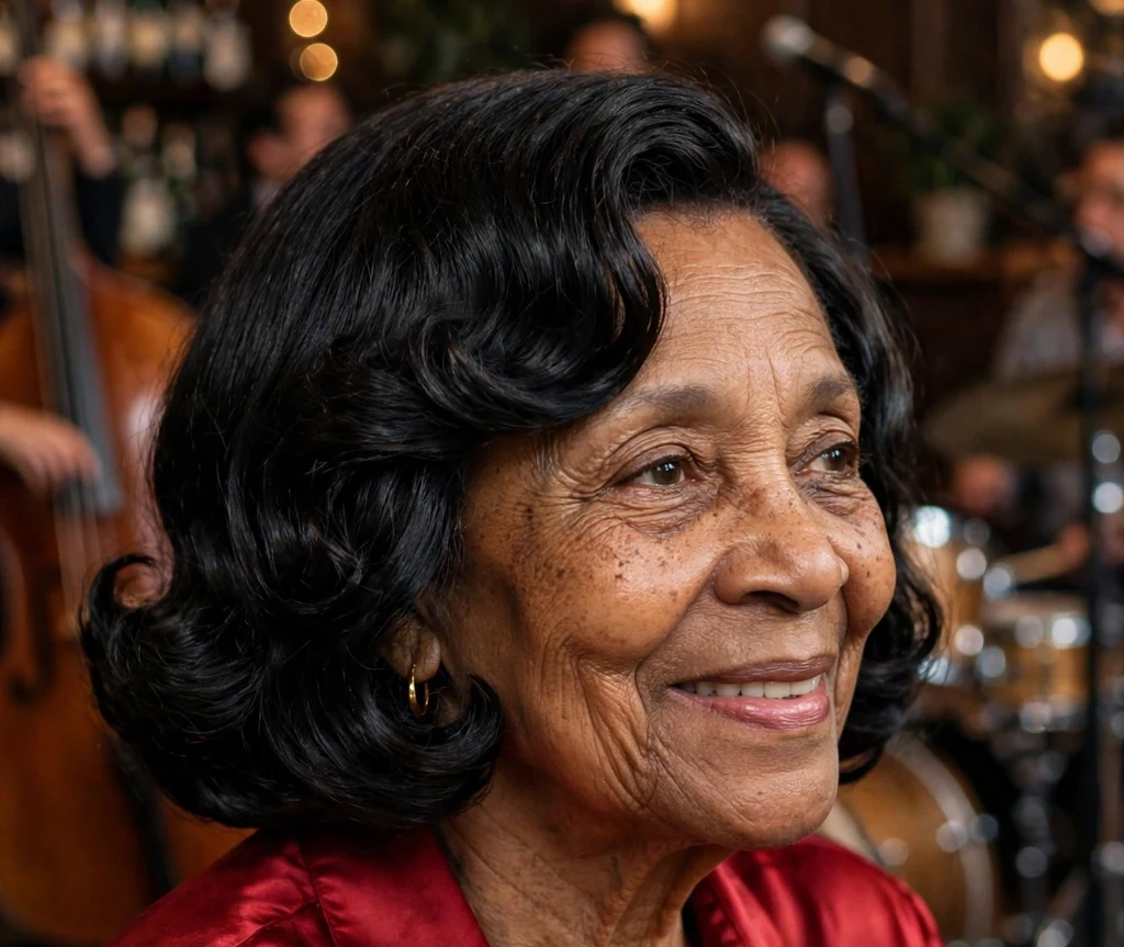 Black woman in her mid sixties with a bouncy pageboy bob with curved-under volume at a jazz club
