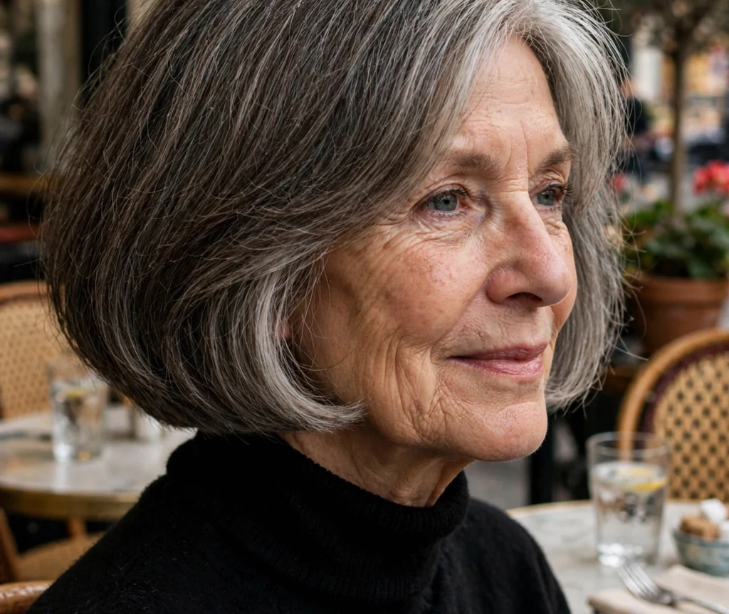 White woman in her mid sixties with a thick-looking French bob at a Parisian-style bistro