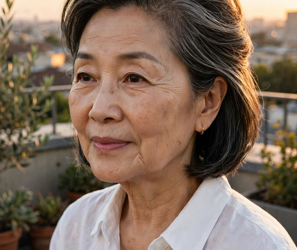 East Asian woman in her early sixties with an elevated lob tucked behind the ears on a rooftop terrace