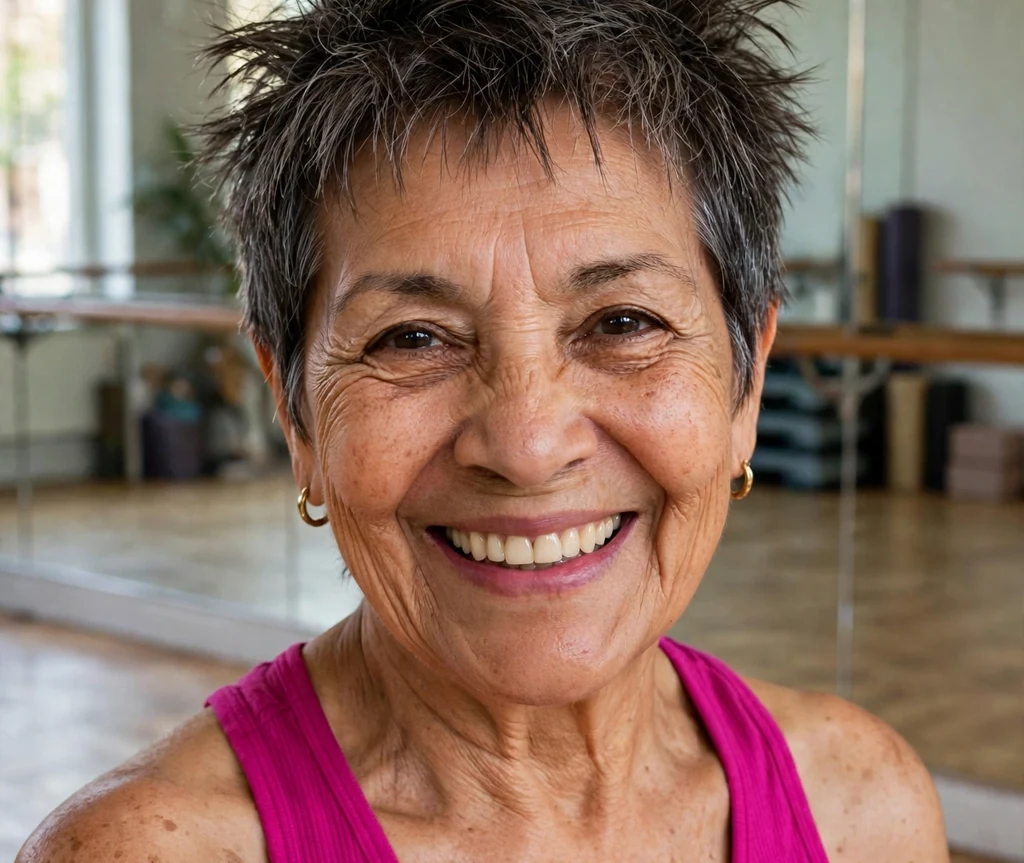 Latina woman in her late sixties with a soft spiky pixie with playful textured spikes in a dance studio